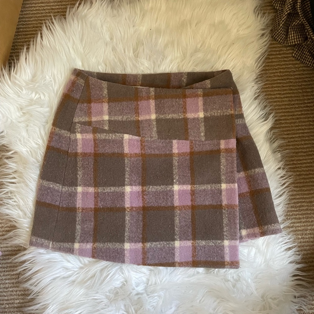 Plaid Wool Blend Skirt - Brown and Pink